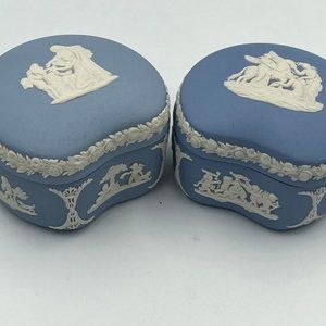 Pair of Vintage Wedgwood Blue Jasperware Cupid Design Kidney Bean Shaped Trinket